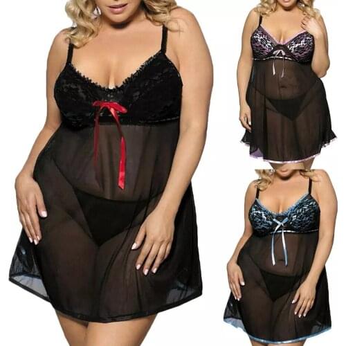 Sexy Large Nightwear Sleep Tops Womens Lingerie Lace Dress Underwear Robe Sets Night Dress Temptation Plus Size Spaghetti Strap