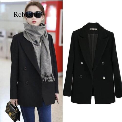 Womens black woolen small suit jacket female short paragraph chic casual Hepburn wind thickening woolen suit autumn and winter