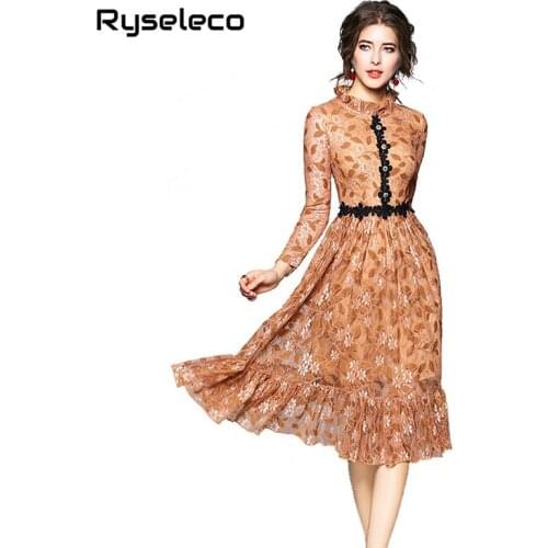 Women 2018 Autumn New Chic Quality Floral Lace Dress Girls Fashion Elegant Ruffles Long Sleeve Patches Party Midi Casual Vestido