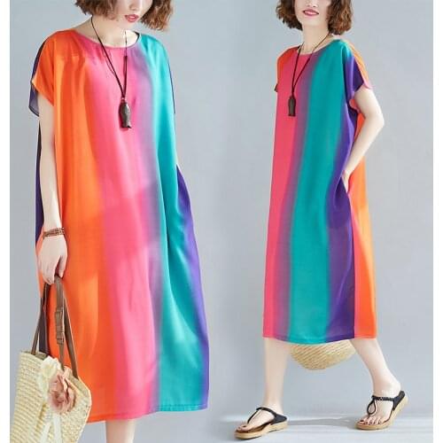 Plus Size Summer Batwing Women Dress 2020 New Cotton Linen Maxi Beach Stripe Dress women Loose Large Robe Female vestidos
