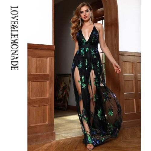 LOVE&LEMONADE Sexy Deep V-Neck Big Backless A-Line Whit Split Sequin Maxi Dress LM99073
