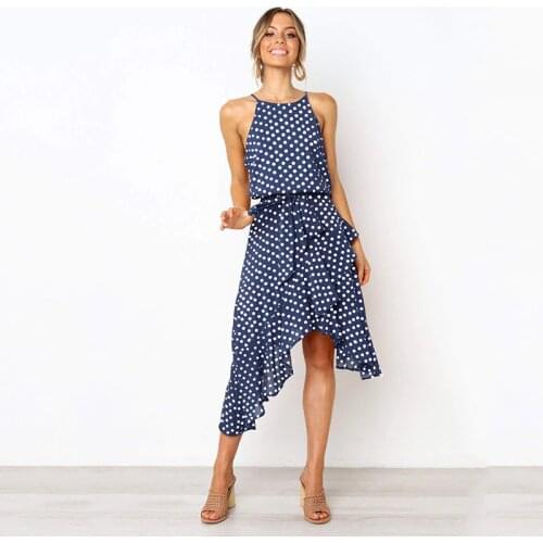 AECU Vintage Women Polka Dot Dresses Summer Ruffles Halter Irregular Lace Up Dress Sleeveless Dresses For Female Vestidos