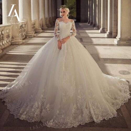 Vintage Long Sleeve Wedding Dress Appliques Lace Ball Gown Bridal Princess Plus Size Court Train LelaAcra ER18 Vestido De Novia