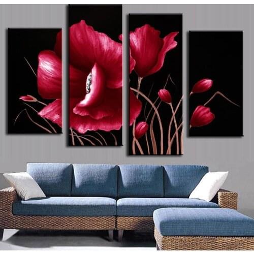 4 Pcs Abstract Oil Painting Combined Paintings Red Flower Op On Black Decoration Home Modern Canvas Oil Art Prints
