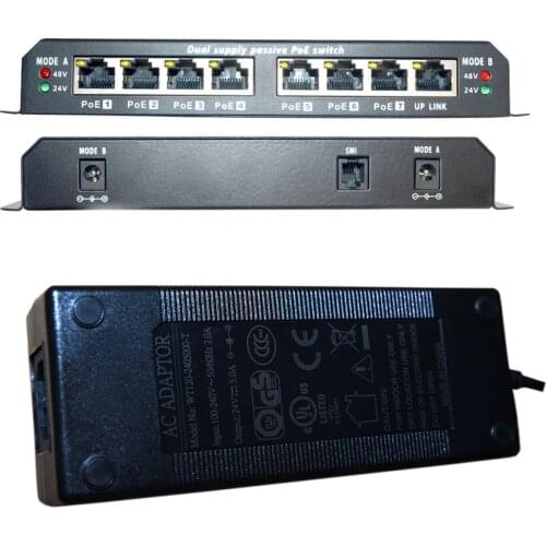 8 Port Unmanaged 10/100 Power over Ethernet PoE Switch for 802.3af/24 volt Device with 24v120w Power Supply: POES-8-7-24v120w