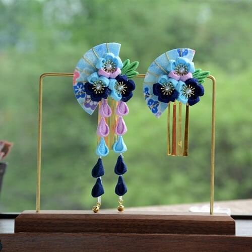 High quality Japanese and wind fret crepe fabric flower kimono bathrobe COS photo edge blue tie