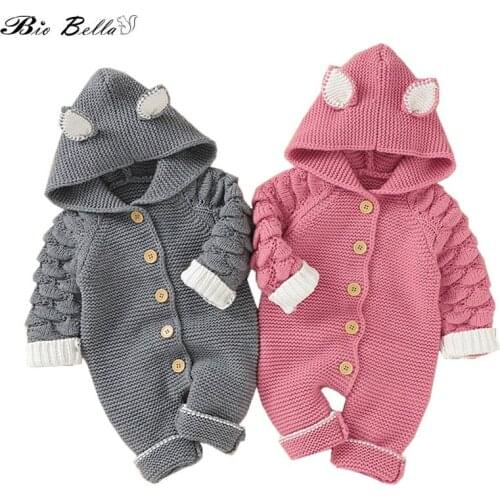 Winter Autumn Baby Sweater Romper Long Sleeve Hooded Fashion Newborn 0-24 Months Party New Year Girl Boys Clothes Bebes Overalls