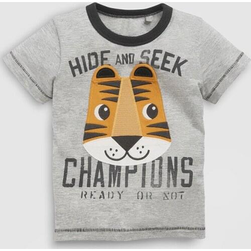 Little Maven New Summer Kids Short O-neck Gray Cartoon Tiger head Applique Letters Knitted Cotton Boys Casual Tshirts Tee