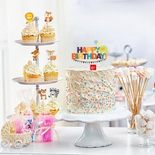 Cute Fox Cat Acrylic Cake Topper Cartoon Animals Happy Birthday Cake Topper for Kids Birthday Party Cake Decorations Baby Shower