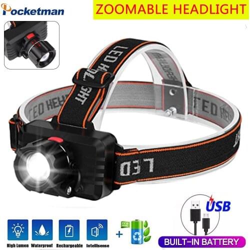 Powerful Long Range Headlamp USB Rechargeable Headlight Zoomable Head Torch with Built-in Battery Waterproof Head Front Light