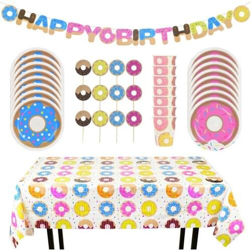 1-20pcs/set Donut Birthday Party Decor Paper Plates Cups Napkins Tablecloth Banner Disposable Tableware Set Baby Shower Supplies