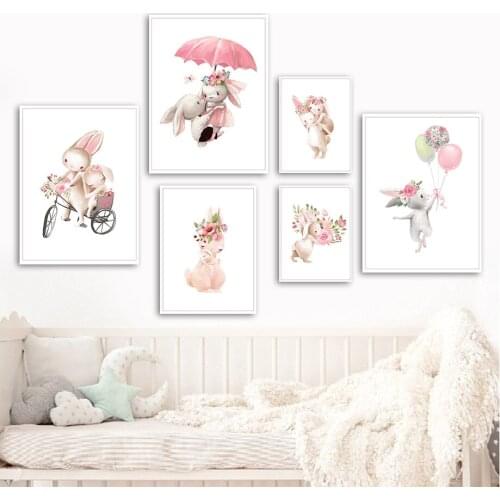 Pink Rabbit Mother Baby Love Girl Nursery Wall Art Canvas Painting Nordic Posters And Prints Wall Pictures Kids Baby Room Decor