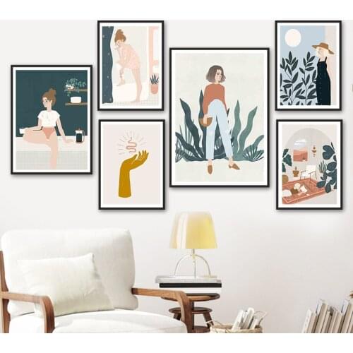 Woman Gesture Sky Sun Plant Leaf Abstract Wall Art Canvas Painting Nordic Posters And Prints Wall Pictures For Living Room Decor