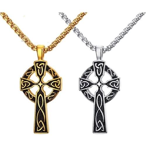 Stainless Steel Celtic Cross Religious Pendant Necklace Men Gothic Gift For Him with Chain