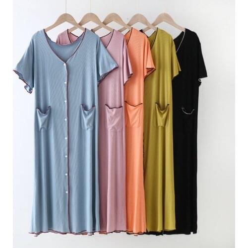 Fat Mm Home Clothes New Knit Modal Sleepwear Women Nightshirt Loose V Neck Short Sleeve Night Dress Female Buttons Nightgowns