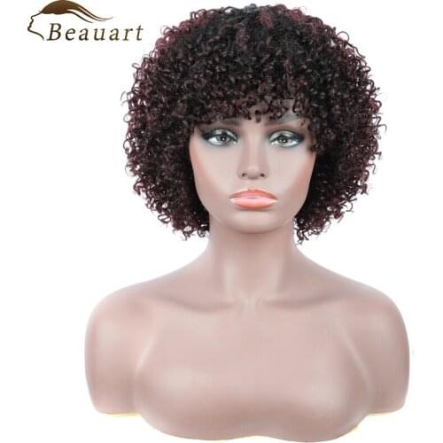 Beauart Human Hair Bob Cut Full Wigs For Black Women 12"Short Natural Curls Wig With Hair Bangs Ombre Burgundy Curly Machine Wig