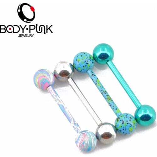 BODY PUNK Tongue Piercing Stainless Steel 4pcs Teal Splatter Blue Swirl Tongue Rings Barbell Pircing langue Body Jewelry