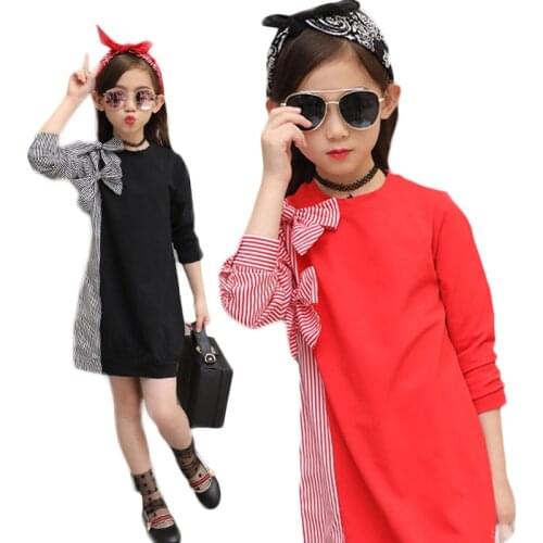 Girls Dress 2021 Autumn Newest Children Clothing Bow Tie Stitching Stripe Shirt Long Sleeve Kids Dress For Girls 8 10 12 Years