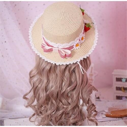 Sweet Mori Girl Summer Straw Hats Women Beach Sun Hat Lolita strawberry Round Flat Top Headwear B1035