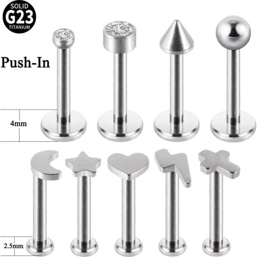 1PC G23 Titanium Push-in Labret Stud Flat Base Helix Ear Tragus Cartilage No-Screw Earring Lip Ring Body Piercing Easy To Wear