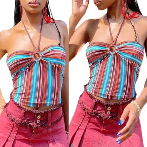 Women Halter Cami Tops,2021 New Fashion Bohemian Sleeveless Stripes Print Ring Front Slim Fit Camisole