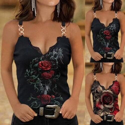 Summer New Lace Decoration V-neck Printed Camisole T-shirt Plus Size Womens Casual Sleeveless Top Fashion Sexy Clothing