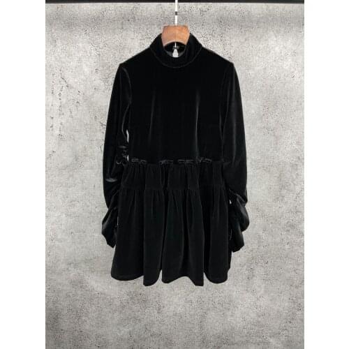 New Ladies Fashion 2021 Long Sleeve Stand Collar Back Pearl Hollow Dress 0119