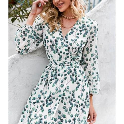 Women Dress Leaf Print Breathable Stretchy Summer Beach Casual Dress for Beauty