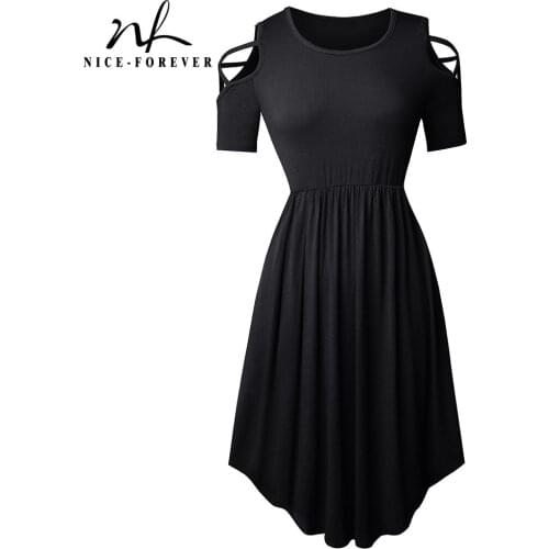 Nice-forever New Summer Pure Color Hollow Out Dresses Casual A-line Women Flared Dress btyA163