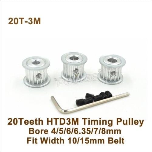 POWGE 20 Teeth 3M Timing Pulley Bore 4/5/6/6.35/7/8mm Fit W=10/15mm 3M Belt 20T 20Teeth HTD3M Synchronous Belt Pulley 20-3M AF