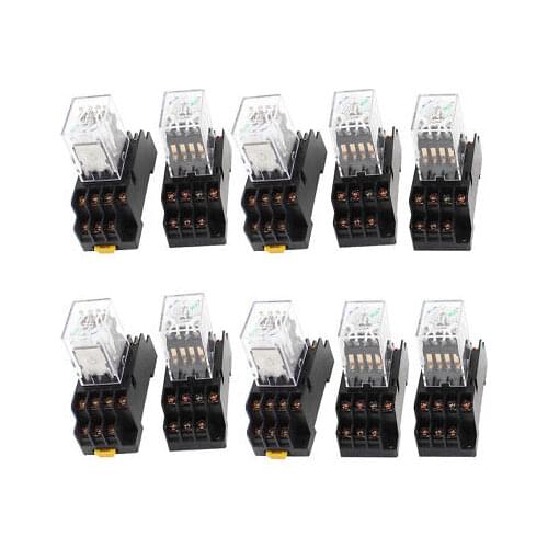 10 Pcs DC 220V Coil 4PDT Green LED General Purpose Power Relay w Socket Base