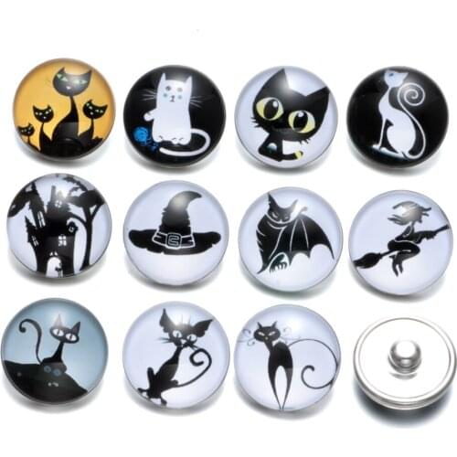 12pcs/lot New Arrivals Halloween Black Cat Pattern 18mm Glass Snap Button Fit Bracelet Necklace Snaps Jewelry KZ0376