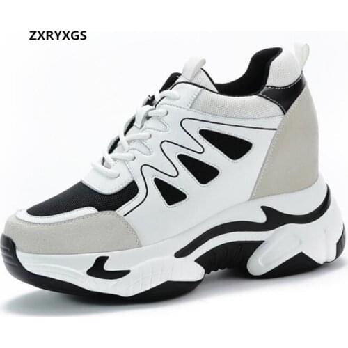 2021 Spring Genuine Leather Spell Color Splicing Women Shoes High Heels Internal Increase Shoes Casual Sneaker Winetr Warm Shoes