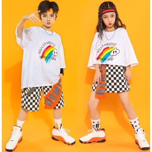Jazz Costume Hip Hop Girls Clothing White Top Plaid Shorts Boys Ballroom Dancing Clothes Modern Streetwear Rave Outfits XS1882
