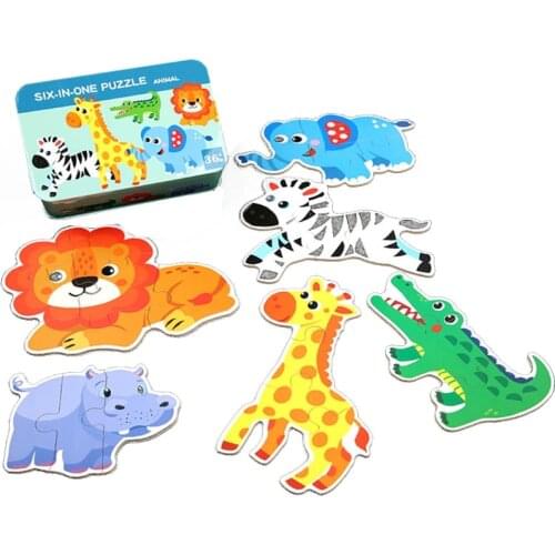 Montessori Puzzlebox Wooden Cartoon Puzzle Thicken Wood Early Learning Toy Tangram Kids 3+ Gift 6pieces Tin Box Packing