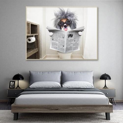 Puppy Reading Newspaper Canvas Painting Funny Dog Toilet Poster Dachshund Bulldog Decoration Pictures Prints Wall Art Home Decor