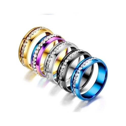 Crystal Stainless Steel Ring Concise Personality Gold Sliver Black Finger Ring For Men Women Party Anniversary Jewelry Gift