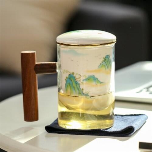 Creative Glass Tea Separation Cup Ceramic Filter Teacup With Lid and Wooden Handle Large Capacity Office Coffee Mug Drinkware