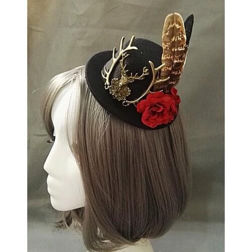 Handmade Victorian Steampunk Mini Top Hat Deer Head Flower Feather Accessory Vintage