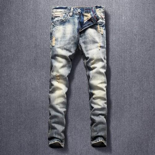 Italian Style Fashion Men Jeans High Quality Slim Fit Ripped Hip Hop Denim Trousers Retro Wash Vintage Designer Long Pants Homme