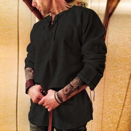 Mens Linen V Neck Bandage Shirts Male Solid Color Long Sleeves Casual Cotton Linen Shirt Tops Cotton Linen Blouse M-3XL