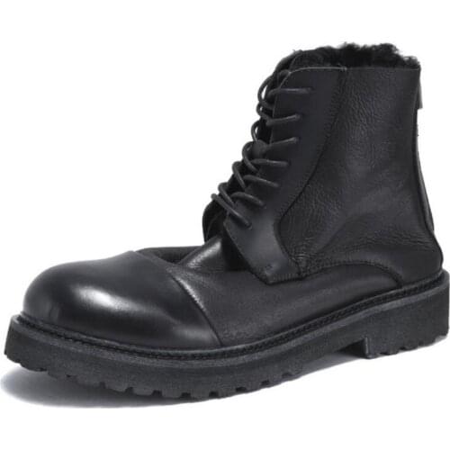 2020 New Real Sheep Fur Warm Fleece Genuine Leather Motorcycle Boots Men Retro Round Toe Lace Up Ankle Boots Male Shoes