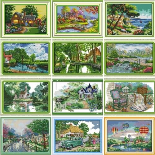 HUACAN Cross Stitch Scenery Sets Kits Embroidery Landscape White Canvas Needlework 11CT 14CT DIY Gift Home Decoration