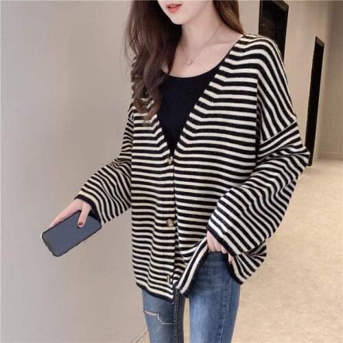 2020 Spring New Striped Cardigan Womens Large Loose Sweater Casual Comfortable Top