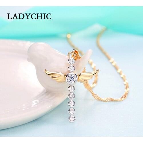 LADYCHIC New Arrival Angel Wing Gold Color Cross Pendant Cute Shiny Crystal Necklaces for Women Girl Wedding Jewelry Gift LN1072