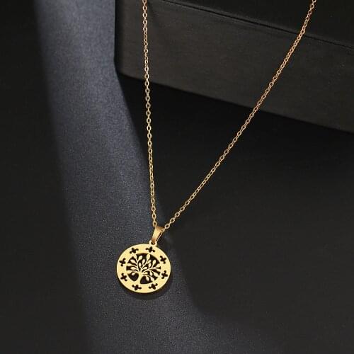 316L Stainless Steel Necklace Round Pendant Hollow Flower Delicate Tree Necklaces For Women Jewelry Friend Collares Bijoux Femme