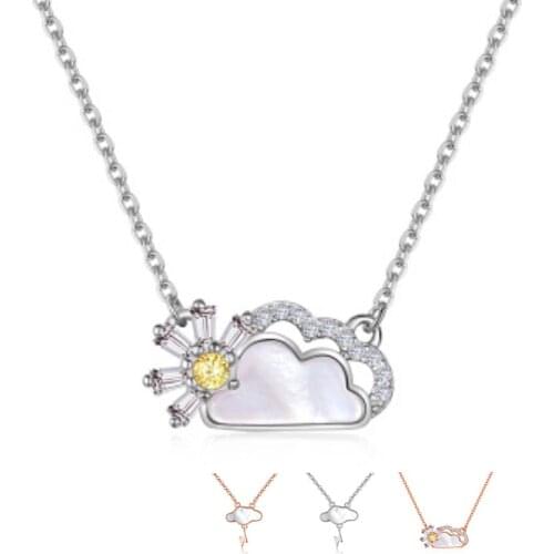 SILVERHOO Sterling Silver 925 Jewelry Cute Clouds Sun & Lightning Pendant Necklace For Women Trendy White Shell Silver Necklaces