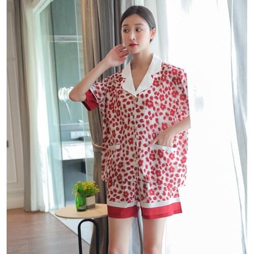 Red Print Leopard 2PCS Pajamas Set Sexy Notched Rayon Pyjamas Sleep Suit Sleepwear Nightwear Summer Loungewear Bride Home Wear