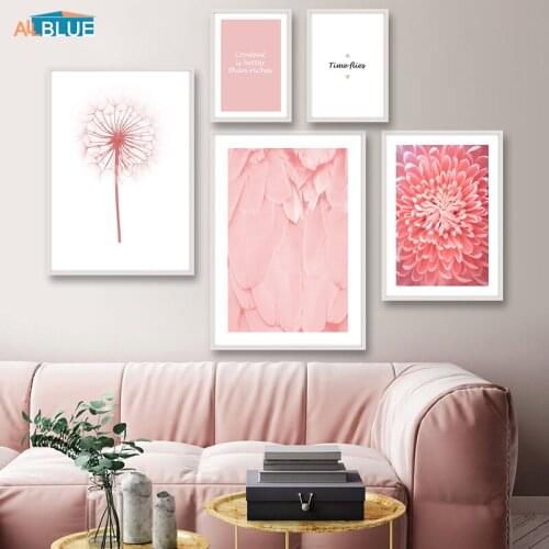 Poster Nordic Pink Canvas Art Flowers Posters And Prints Feather Wall Art Canvas Painting Wall Pictures For Living Room Quote