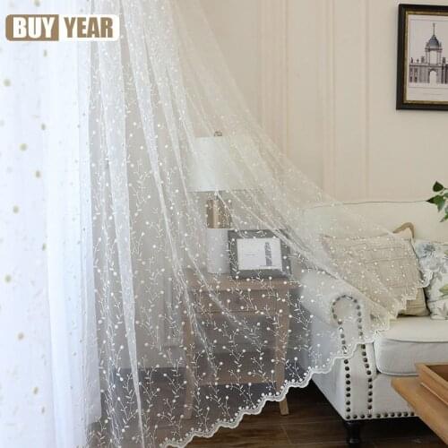 White Floral Embroidered Sheer Curtain for Living Room Modern Floral Voile Tulle Window Curtains for Bedroom Kitchen